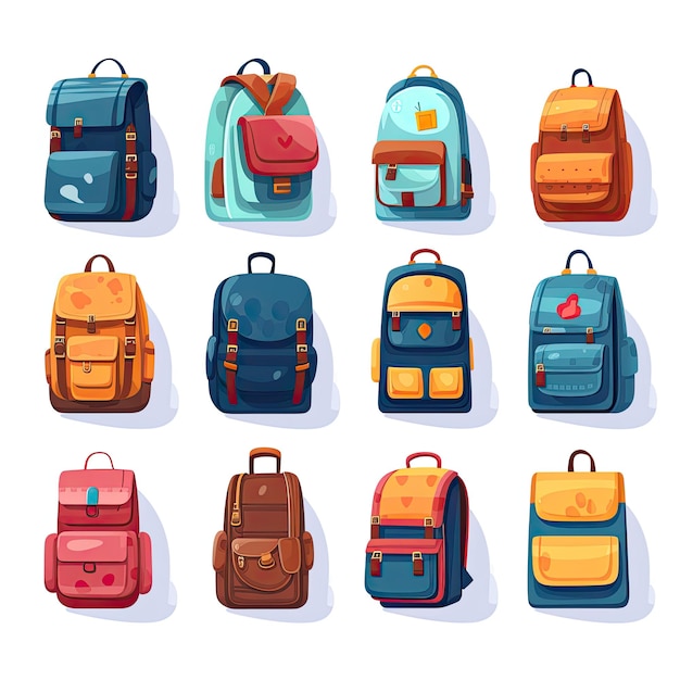 Set of different school backpacks in cartoon style Vector illustration