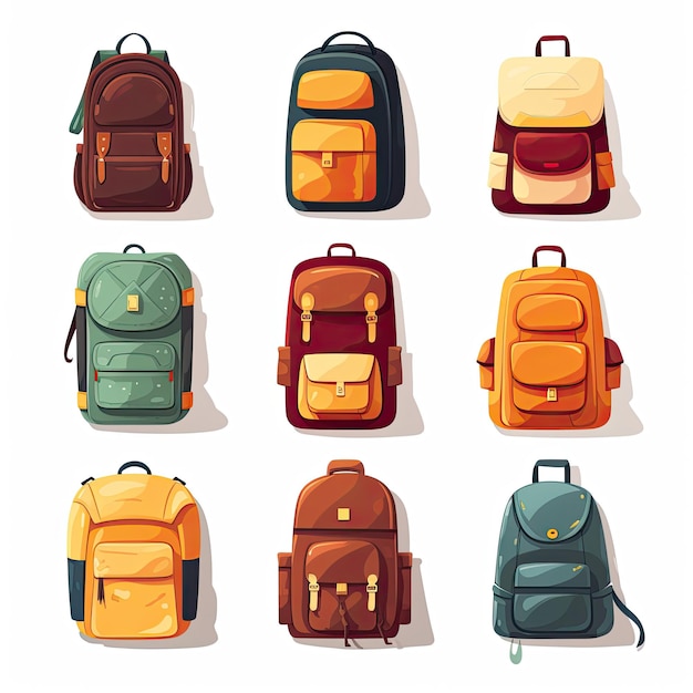 Set of different school backpacks isolated on white background Vector illustration