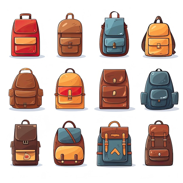 Set of different school backpacks isolated on white background Vector illustration