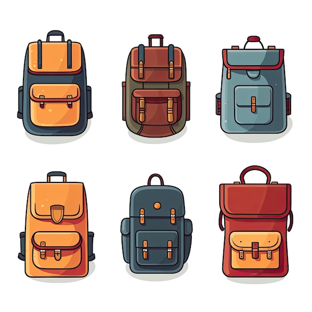 Set of different school backpacks isolated on white background Vector illustration