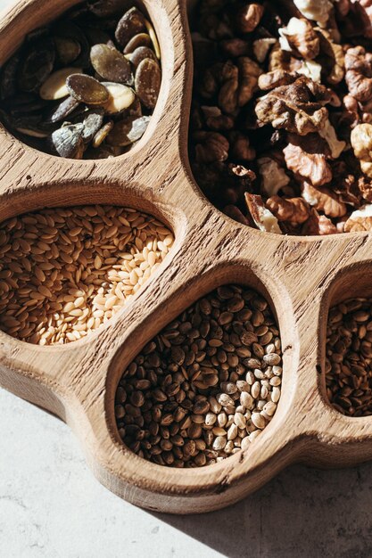 Set of different seeds and nuts, natural healthy food for cooking