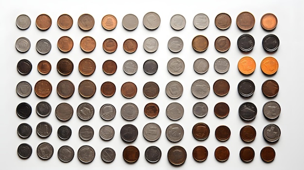 a set of different sized coins on a white background top view