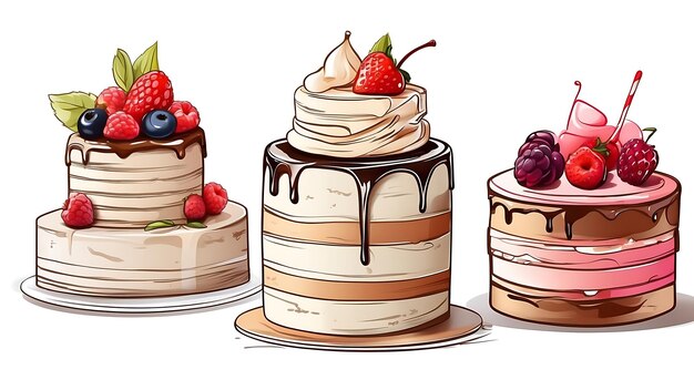 Set of different types of cakes illustration in cartoon style