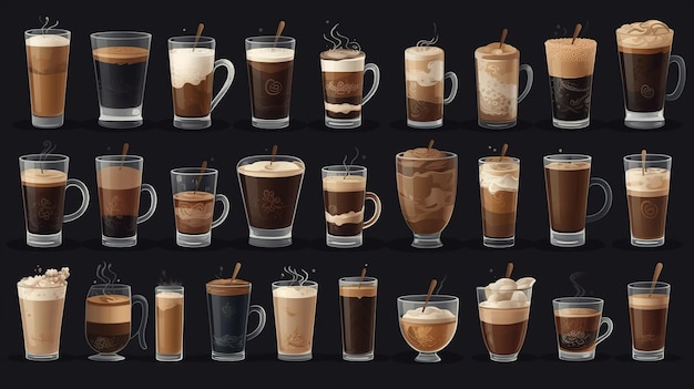 Set of different types of coffee Illustration of different coofee drinks Design for the cover menu