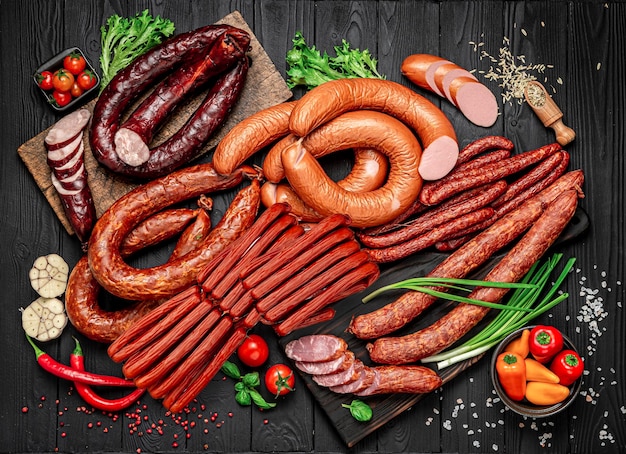 Set of different types of smoked sausages Assortment of sausages Photo for advertising