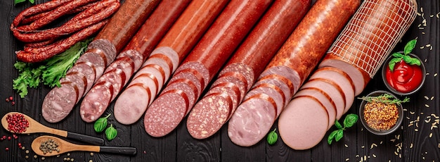 Set of different types of smoked sausages Assortment of sausages Photo for advertising