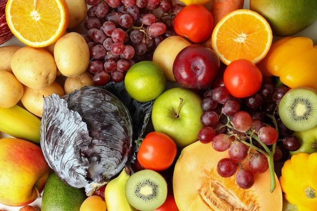 Set of different vegetables and fruits, top view