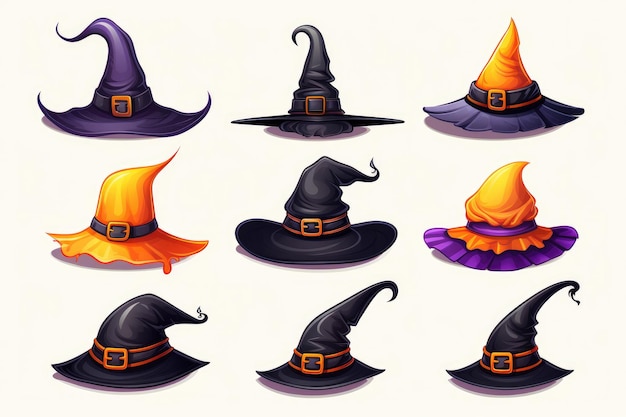 Set of different Witch hats for Halloween on light background