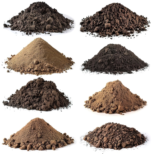 Photo set dirt soil pile isolated on white or transparent background cutout