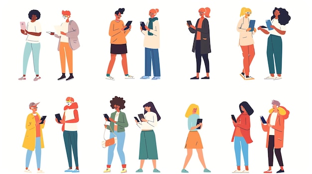 Photo a set of diverse illustrations depicting people using their mobile phones