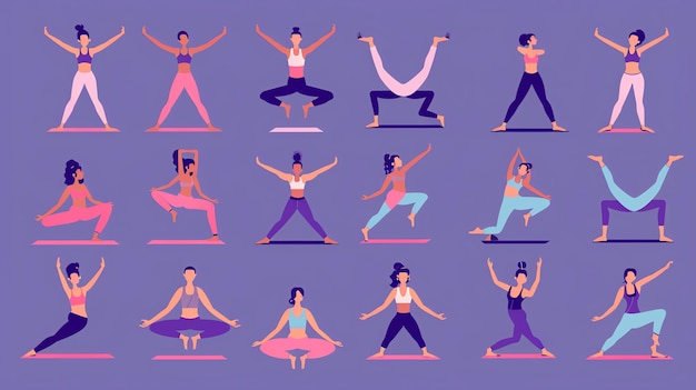 Set of diverse women in various yoga poses on purple background