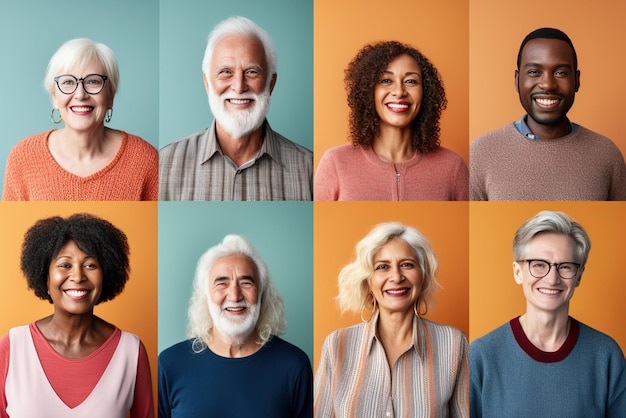 Set of Diversity Senior adult Retirement people face expression Multiracial group of happy positive