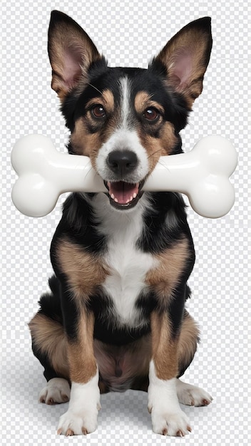 Set of dog holding big white bone with his mouth full body standing on transparency background PNG