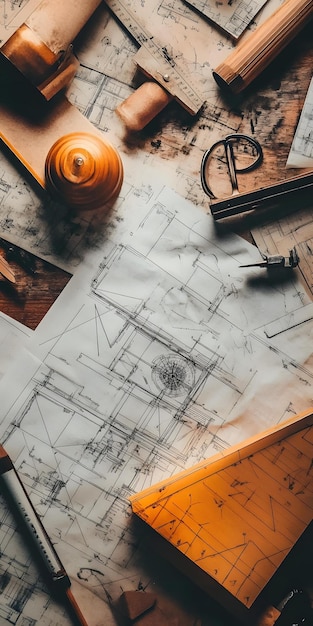 Set of drafting tools and blueprints on a table