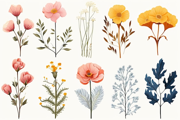 set of drawings of retro flowers in vintage style on a light background