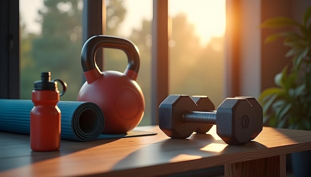 a set of dumbbells and a dumbbell on a table