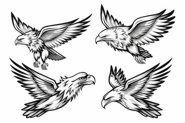 Photo set of eagle animals emblem logo design with black eagle line art icon vector illustration on white background