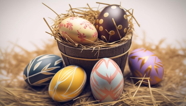 Set of Easter eggs on straw