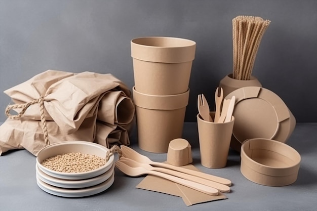 Set of ecofriendly tableware and kraft paper food packaging on light gray background Generative AI