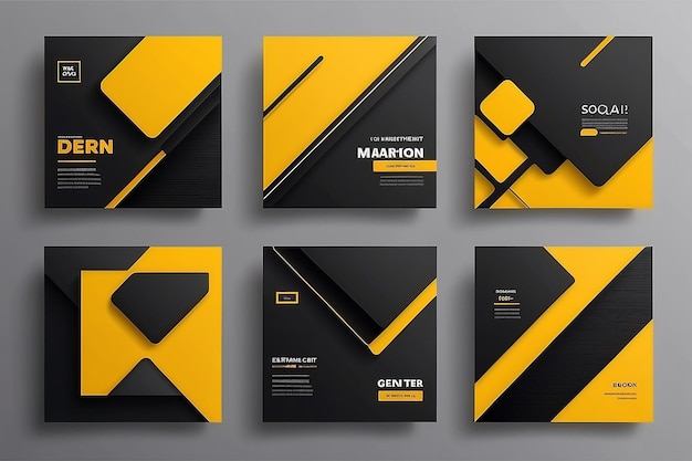 Photo set of editable minimal square banner template black and yellow background color with stripe