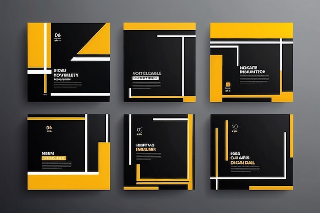 Photo set of editable minimal square banner template black and yellow background color with stripe