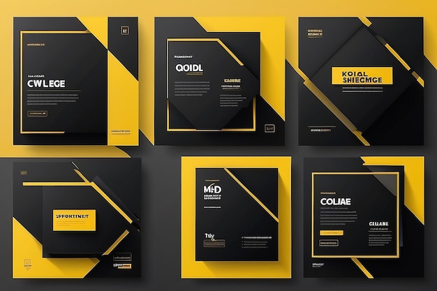 Photo set of editable minimal square banner template black and yellow background color with stripe