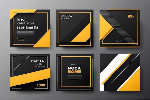 Photo set of editable minimal square banner template black and yellow background color with stripe