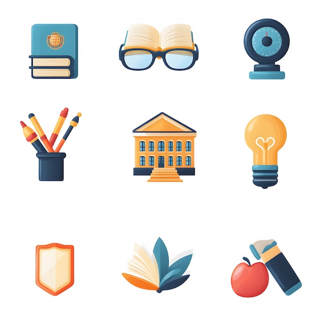 Photo a set of education icons featuring symbols like reading glasses school buildings and educational tools includes visuals of student activities learning resources and academic achievements for