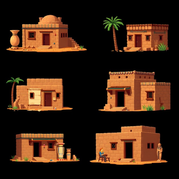 Set Egyptian Mudbrick Houses With Ancient Elegance Flat Roofs Courtyards and Earth Toned Walls Pa