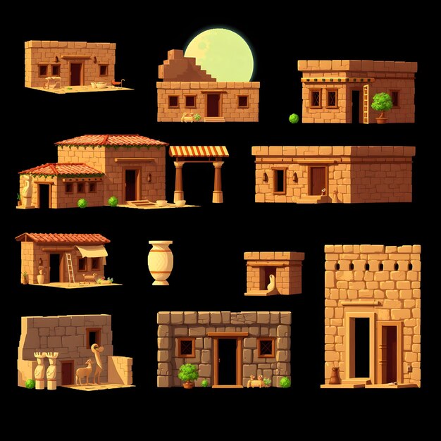 Photo set egyptian mudbrick houses with ancient elegance flat roofs courtyards and earth toned walls pa