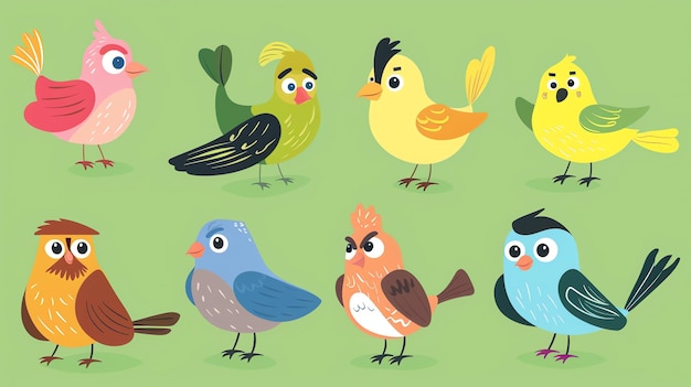 A set of eight cartoon birds with different colors and designs