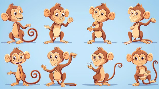 Photo a set of eight cartoon monkeys in different poses