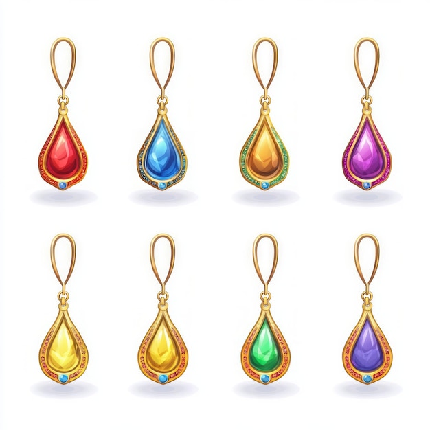 Photo set of eight colorful gemstone earrings with gold settings isolated on white background