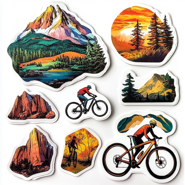 Photo a set of eight colorful stickers depicting mountain landscapes bike riders and forest scenes