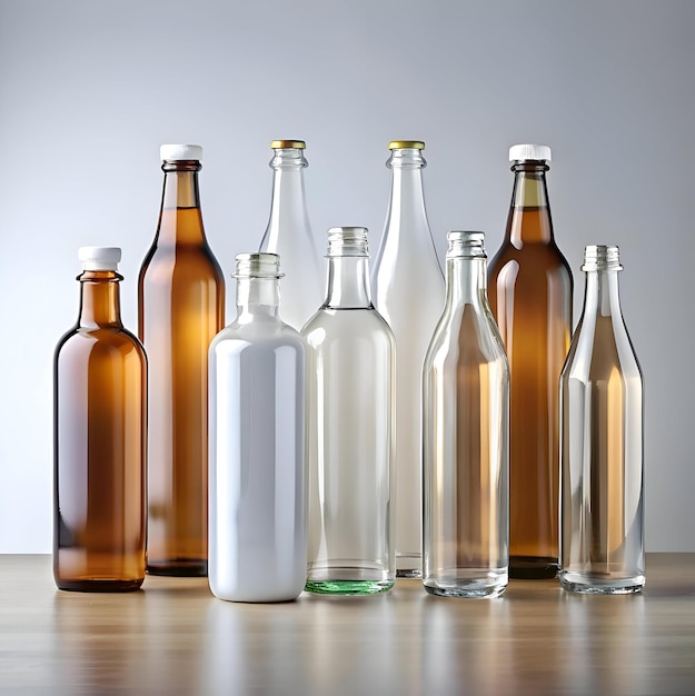 A set of eight glass bottles with various styles and colors perfect for showcasing your product or brand