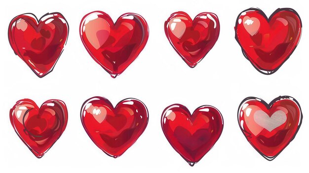 A set of eight red hearts drawn in different styles Each heart has a unique design and shape all rendered in a bright glossy red Generative AI