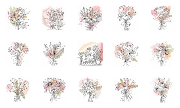 Set of elegant icons for a flower shop made as a simple linear drawing in pastel colors