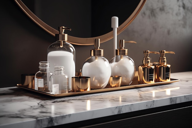 Set of elegant soap dispensers and jars