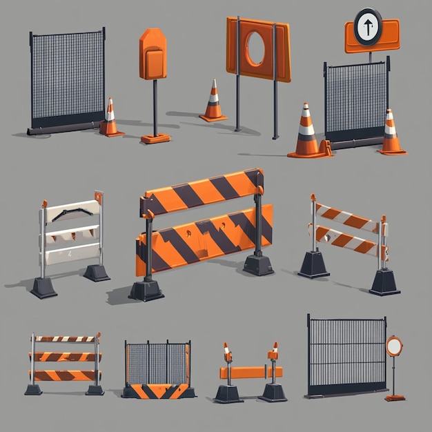 Photo set of elements for temporary fence movable barriers