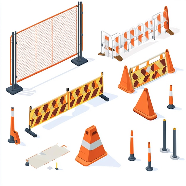 Photo set of elements for temporary fence movable barriers