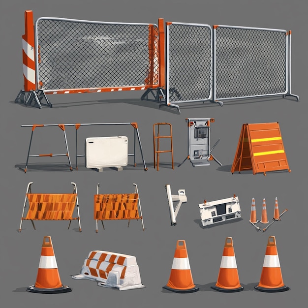 Photo set of elements for temporary fence movable barriers