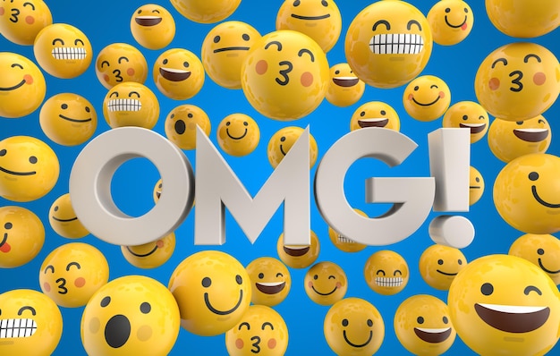 Set of emoji emoticon character faces with the word OMG 3D Rendering