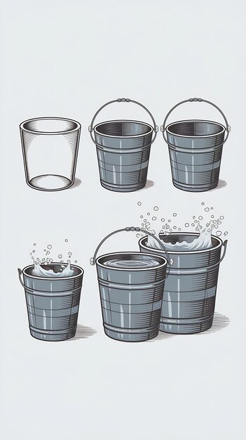 Photo set of empty buckets and buckets with water vector eps10 illustration