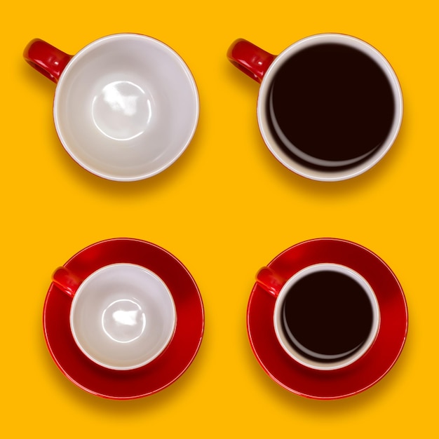 Set of empty and full red cups and a saucers Coffee set on a yellow background