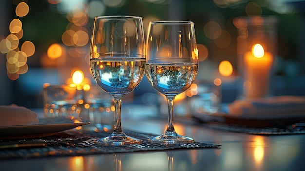 A set of empty glasses is set up in a restaurant