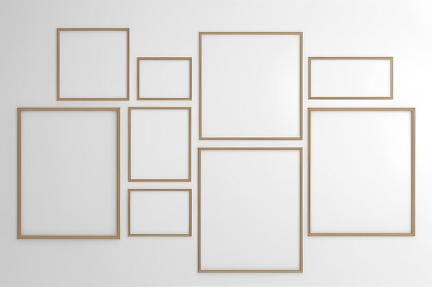 A Set Of Empty Wooden Frames On A White Wall