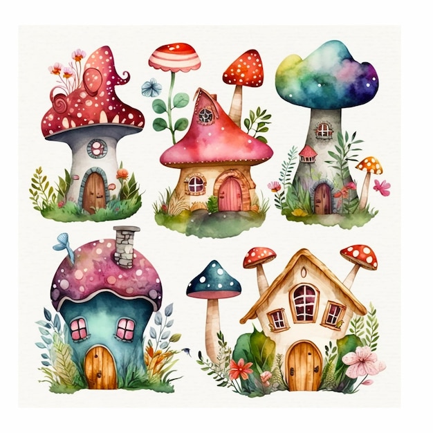 A set of fairy houses with mushrooms and flowers.