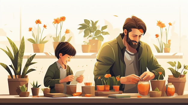 Set of Father's Day illustrations depict dads taking care of their children Concept of fatherhood