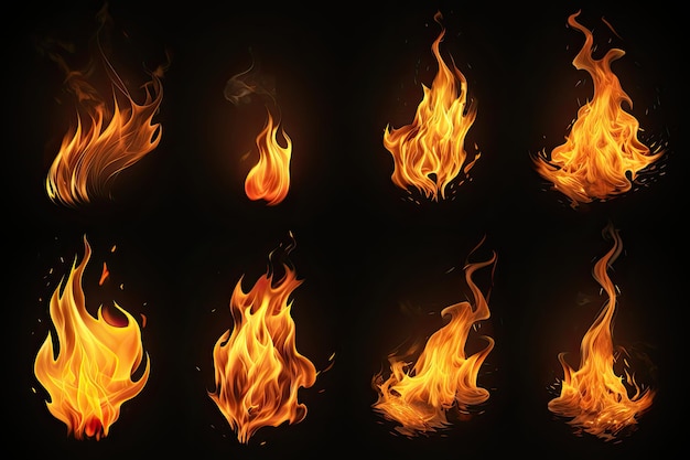 Set of fire and burning flame isolated on dark background