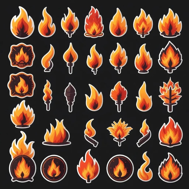 Photo set of fire stickers collection in flat design